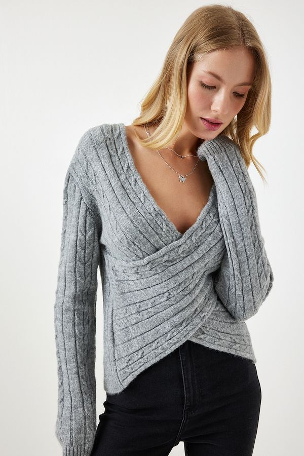 Happiness İstanbul Happiness İstanbul Women's Gray Wrapover Neck Seasonal Knitwear Sweater