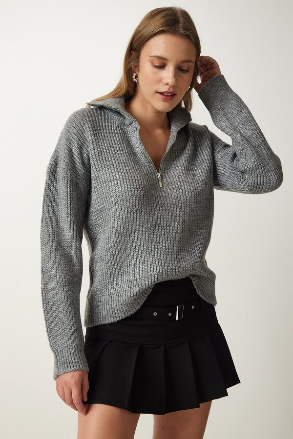 Happiness İstanbul Happiness İstanbul Women's Gray Zipper Collar Knitwear Sweater