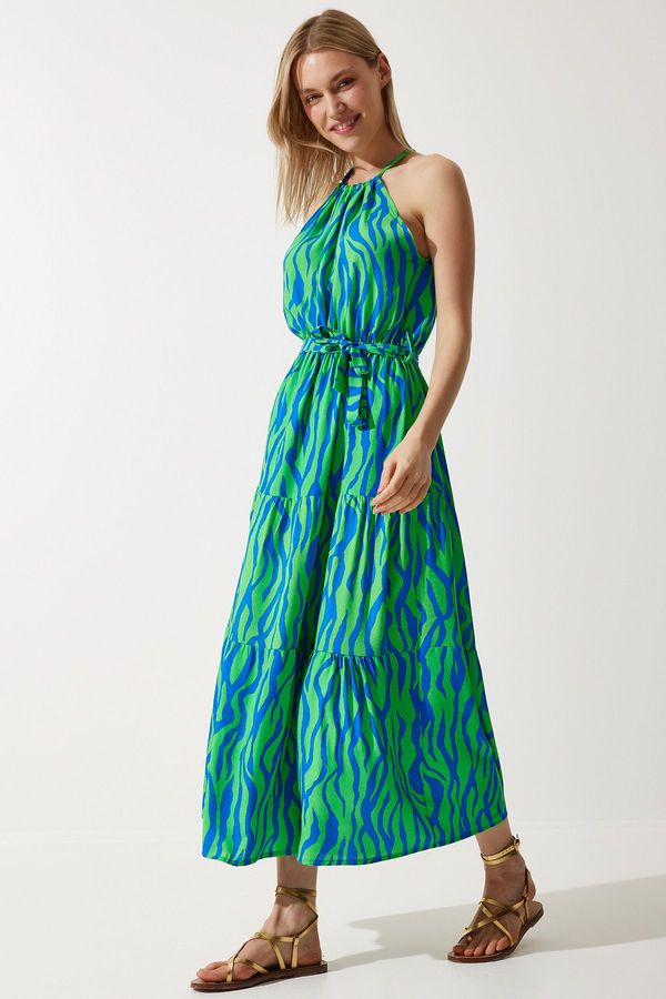 Happiness İstanbul Happiness İstanbul Women's Green Blue Halter Collar Summer Viscose Dress