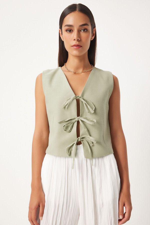 Happiness İstanbul Happiness İstanbul Women's Green Bow Linen Vest