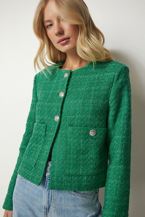 Happiness İstanbul Happiness İstanbul Women's Green Buttoned Tweed Jacket