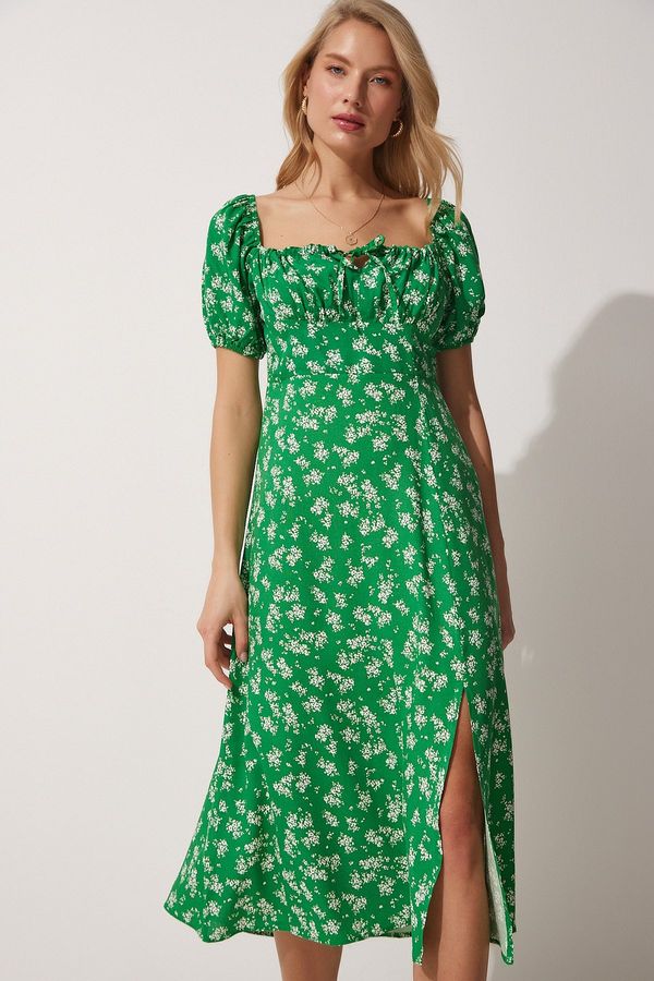 Happiness İstanbul Happiness İstanbul Women's Green Carmen Collar Floral Summer Viscose Dress