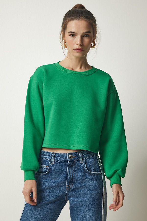 Happiness İstanbul Happiness İstanbul Women's Green Crew Neck Raised Crop Knitted Sweatshirt