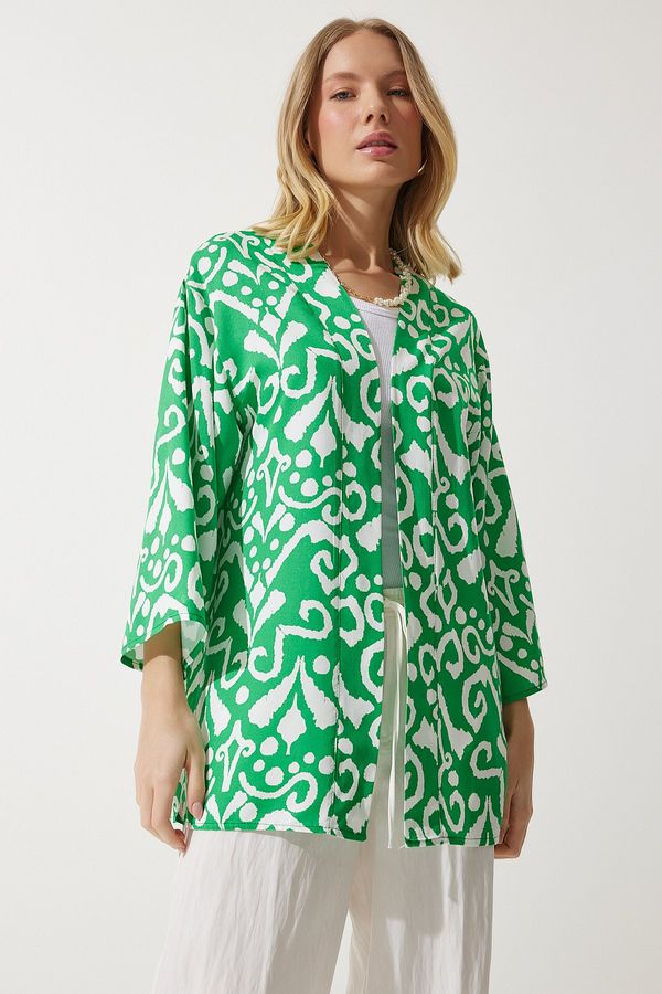 Happiness İstanbul Happiness İstanbul Women's Green Ecru Patterned Viscose Kimono