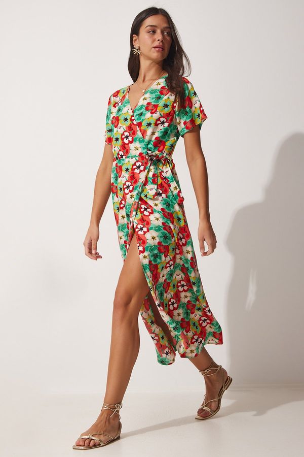 Happiness İstanbul Happiness İstanbul Women's Green Floral Tie Wrapover Neck Summer Viscose Dress