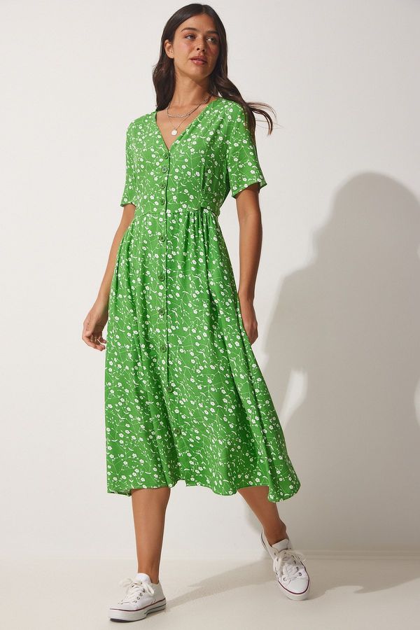 Happiness İstanbul Happiness İstanbul Women's Green Floral Viscose Summer Dress with One Button