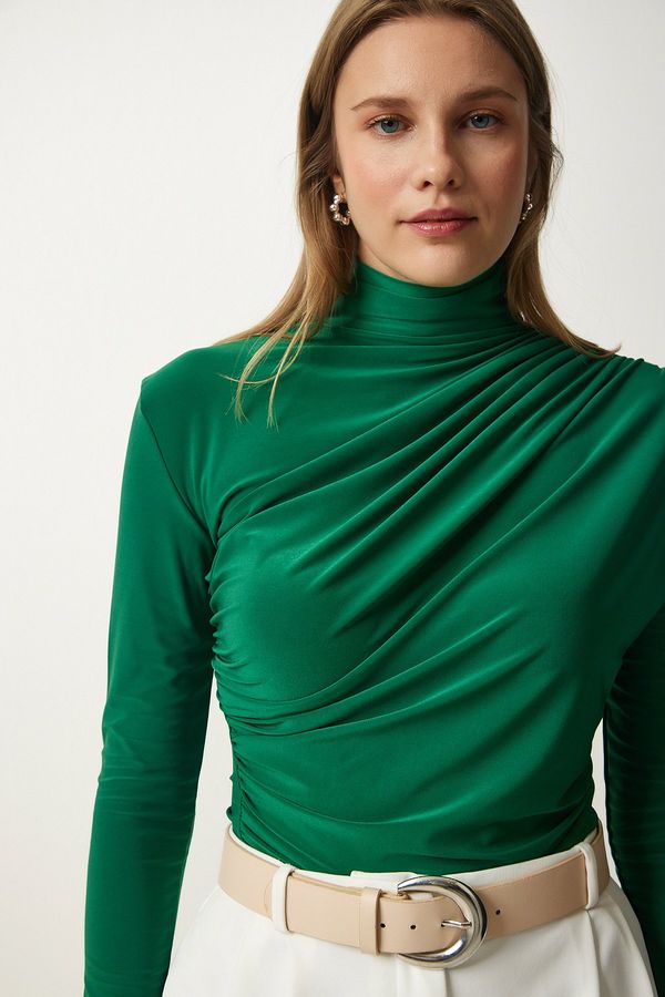 Happiness İstanbul Happiness İstanbul Women's Green Gather Detailed High Collar Sandy Blouse