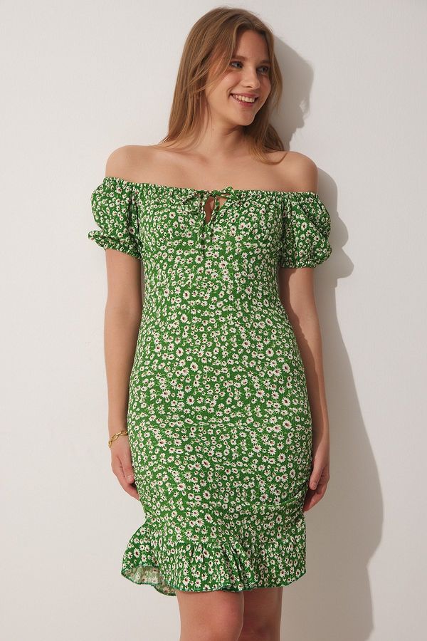 Happiness İstanbul Happiness İstanbul Women's Green Gathered Carmen Collar Knitted Dress