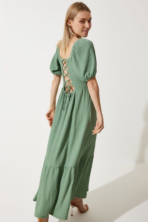 Happiness İstanbul Happiness İstanbul Women's Green Heart Collar Textured Summer Knitted Dress