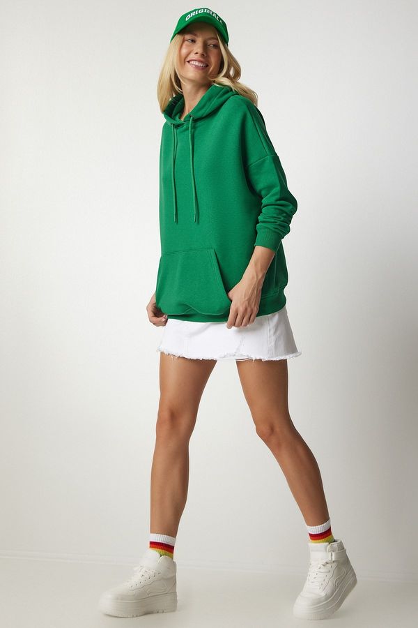 Happiness İstanbul Happiness İstanbul Women's Green Hooded Raised Basic Sweatshirt