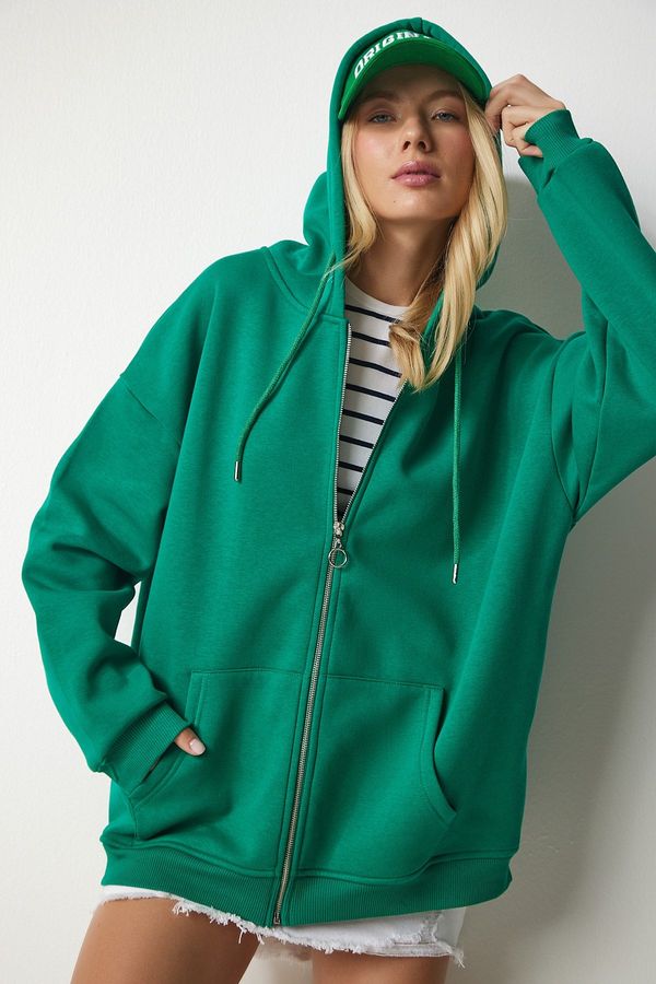 Happiness İstanbul Happiness İstanbul Women's Green Hooded Zipper Oversize Sweatshirt