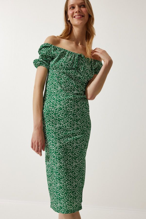 Happiness İstanbul Happiness İstanbul Women's Green Patterned Gathered Knitted Dress