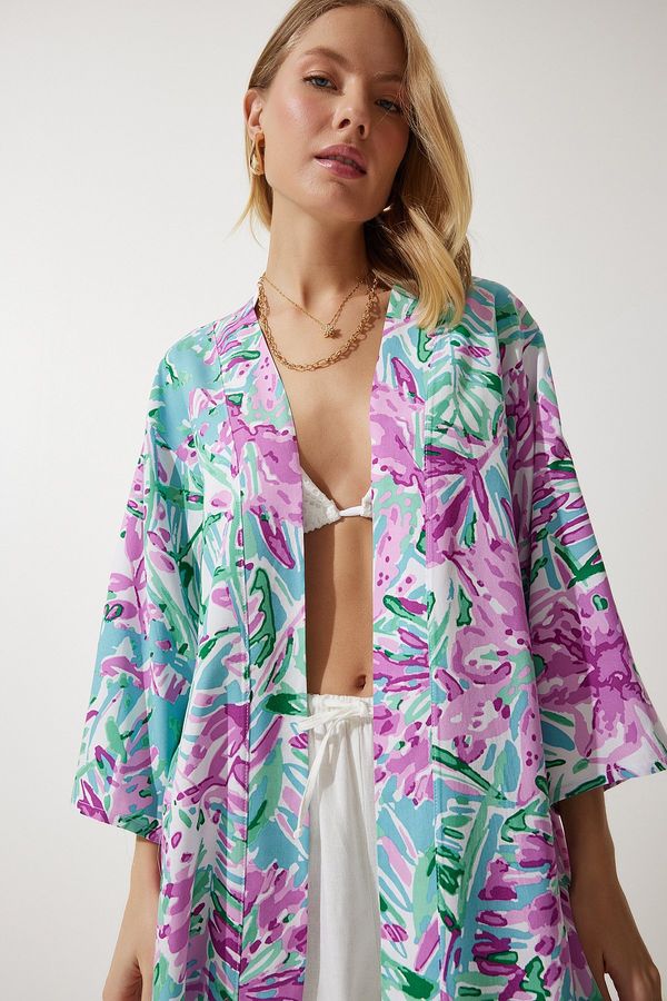 Happiness İstanbul Happiness İstanbul Women's Green Pink Patterned Viscose Kimono