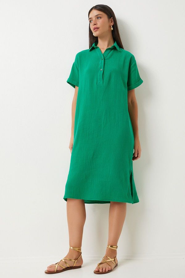 Happiness İstanbul Happiness İstanbul Women's Green Polo Neck Summer Loose Muslin Dress