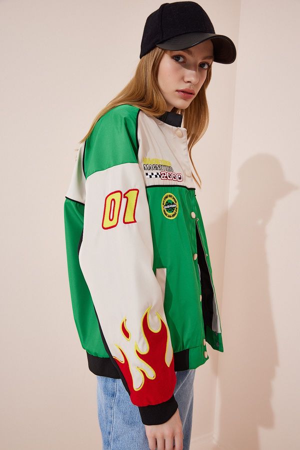 Happiness İstanbul Happiness İstanbul Women's Green Racing Patched College Bomber Coat