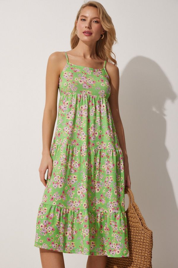 Happiness İstanbul Happiness İstanbul Women's Green Strappy Floral Summer Knitted Dress