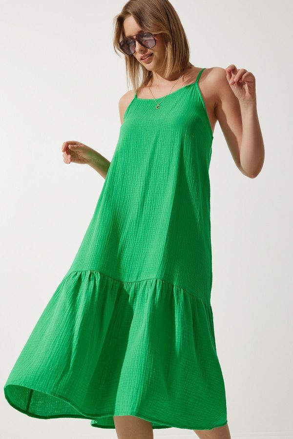 Happiness İstanbul Happiness İstanbul Women's Green Strappy Summer Loose Muslin Dress