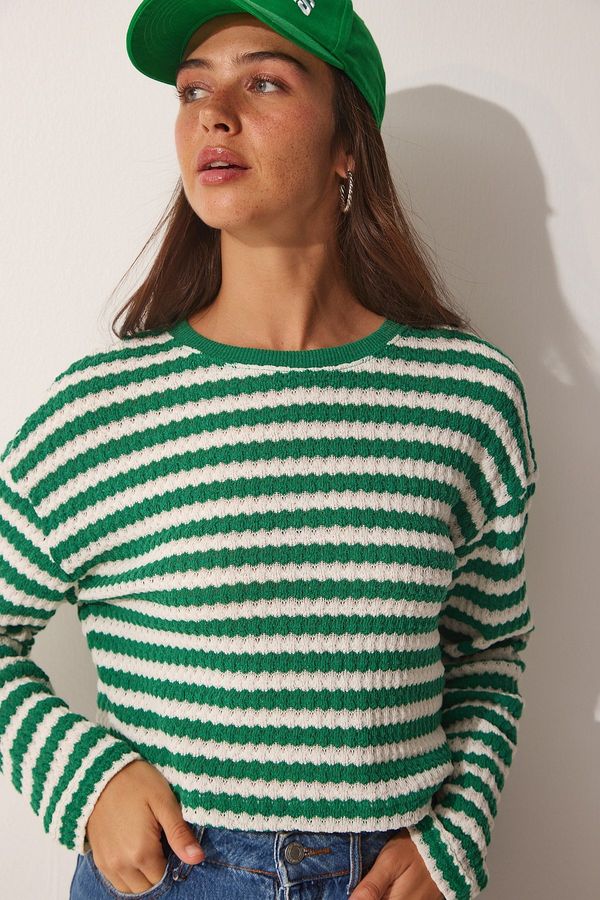 Happiness İstanbul Happiness İstanbul Women's Green Striped Crochet Knitwear Sweater