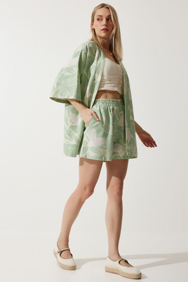 Happiness İstanbul Happiness İstanbul Women's Green Tropical Patterned Summer Raw Linen Kimono Shorts