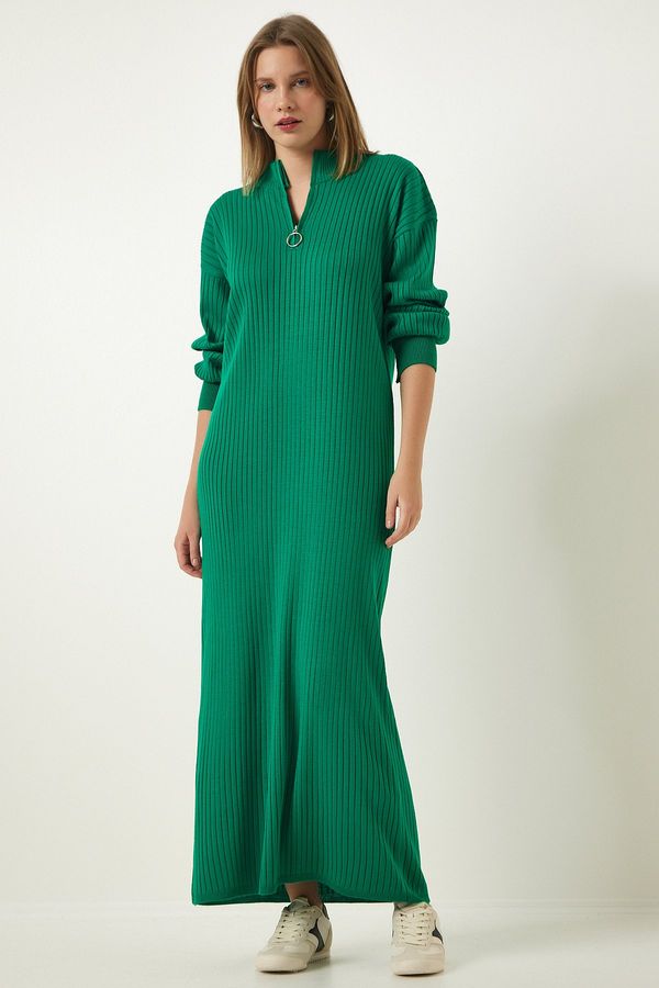 Happiness İstanbul Happiness İstanbul Women's Green Zipper Collar Ribbed Long Knitwear Dress