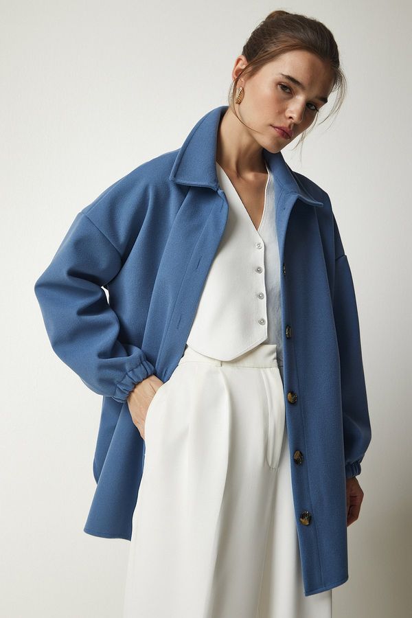 Happiness İstanbul Happiness İstanbul Women's Indigo Blue Buttoned Pocket Oversize Shirt Jacket