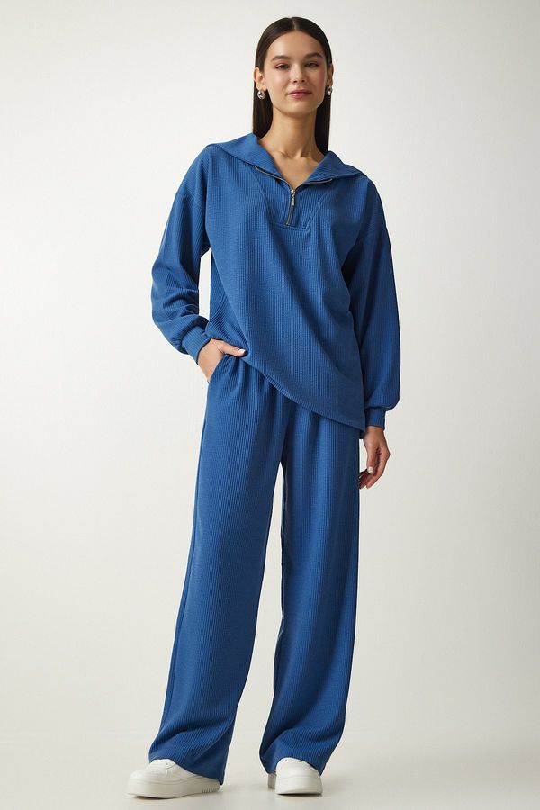 Happiness İstanbul Happiness İstanbul Women's Indigo Blue Corded Knitted Blouse and Trousers Set
