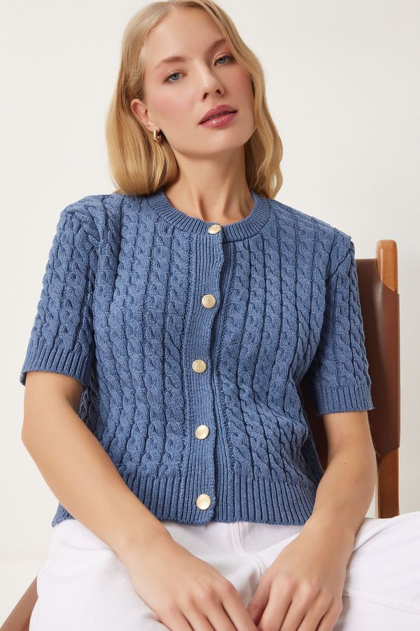 Happiness İstanbul Happiness İstanbul Women's Indigo Blue Crew Neck Hair Knitted Sweater Cardigan