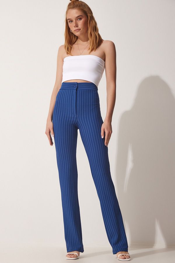 Happiness İstanbul Happiness İstanbul Women's Indigo Blue High Waist Striped Trousers
