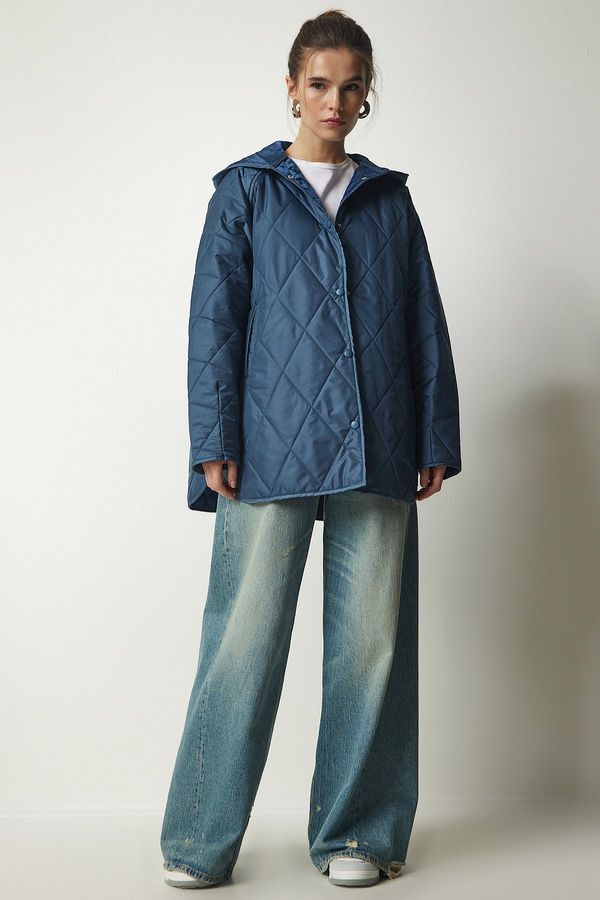 Happiness İstanbul Happiness İstanbul Women's Indigo Blue Hooded Quilted Oversize Coat