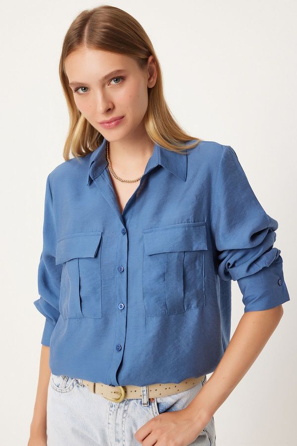 Happiness İstanbul Happiness İstanbul Women's Indigo Blue Wide Pocket Tencel Shirt