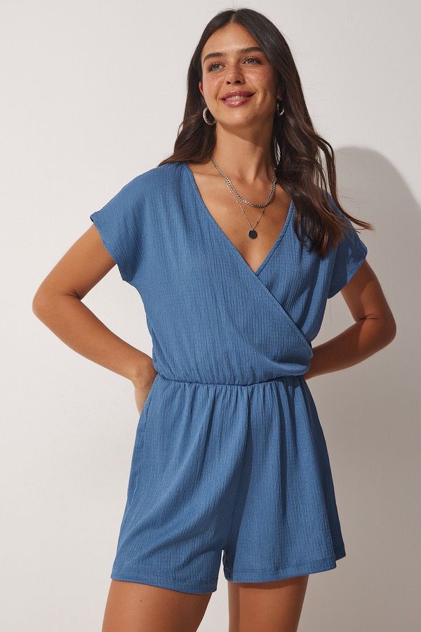 Happiness İstanbul Happiness İstanbul Women's Indigo Blue Wrapped Collar Short Knitted Jumpsuit with Shorts