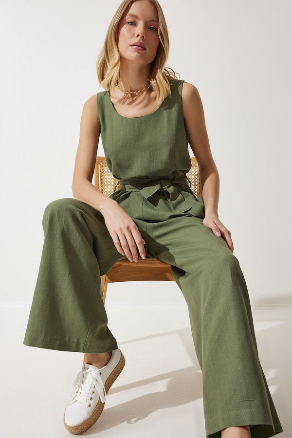Happiness İstanbul Happiness İstanbul Women's Khaki Belted Linen Jumpsuit