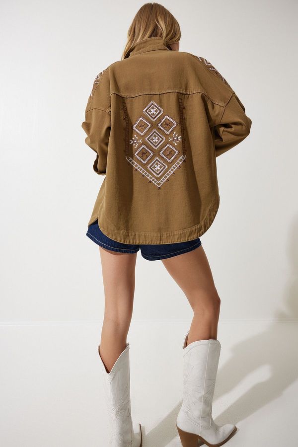 Happiness İstanbul Happiness İstanbul Women's Khaki Embroidered Shirt Jacket