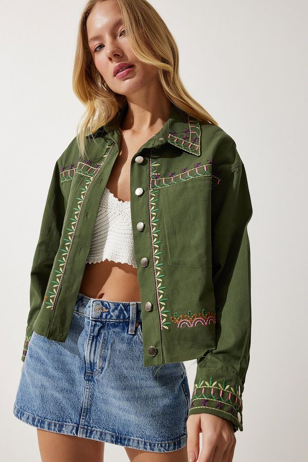 Happiness İstanbul Happiness İstanbul Women's Khaki Embroidered Woven Jacket