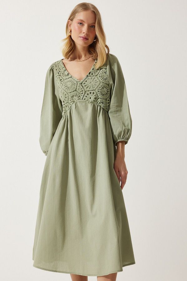 Happiness İstanbul Happiness İstanbul Women's Khaki Guipure Detailed Summer Linen Dress