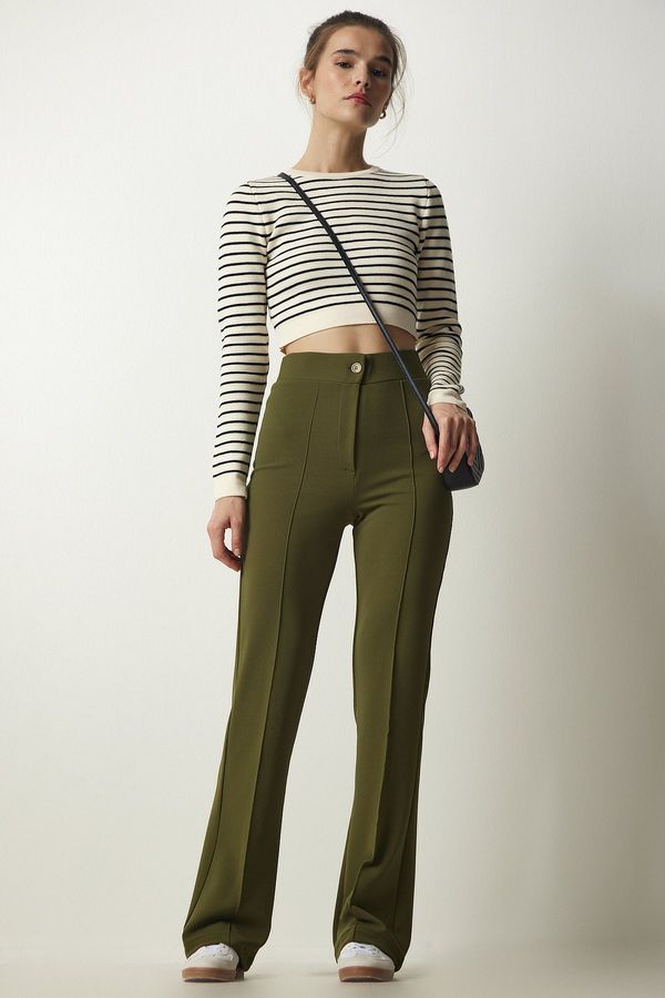 Happiness İstanbul Happiness İstanbul Women's Khaki High Waist Lycra Comfortable Knitted Trousers