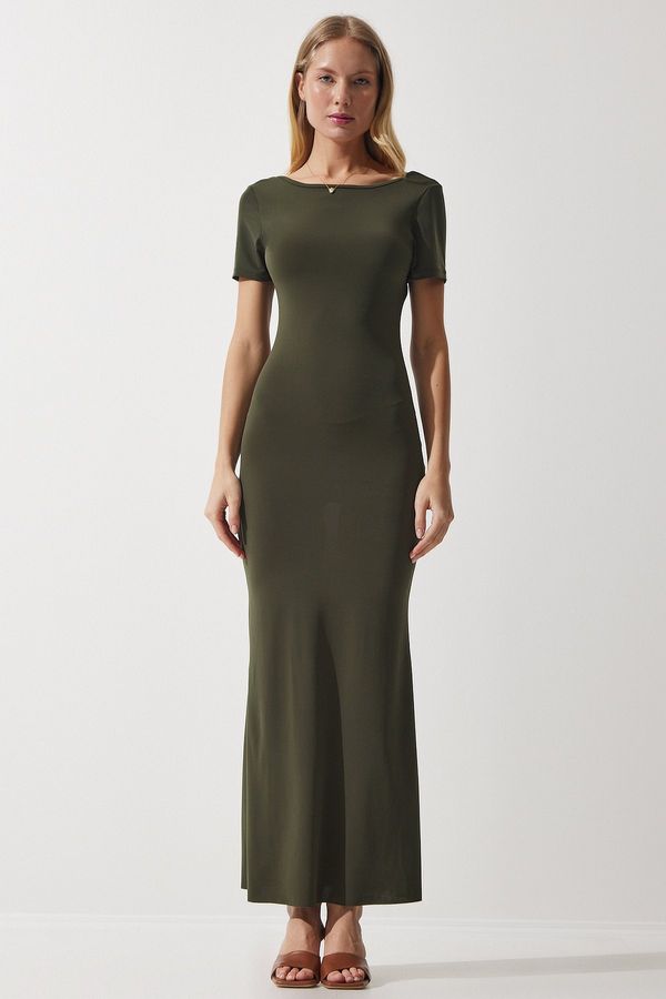 Happiness İstanbul Happiness İstanbul Women's Khaki Low-cut Long Sandy Knitted Dress