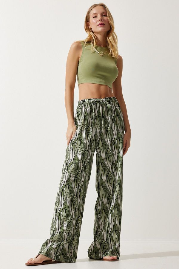 Happiness İstanbul Happiness İstanbul Women's Khaki Patterned Flowing Viscose Palazzo Trousers