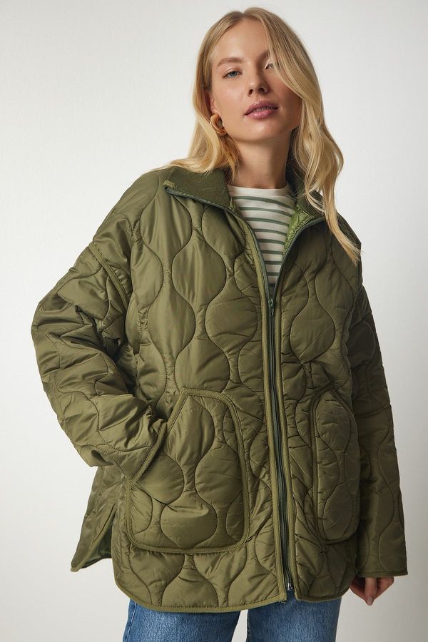 Happiness İstanbul Happiness İstanbul Women's Khaki Pocket Turtleneck Quilted Coat
