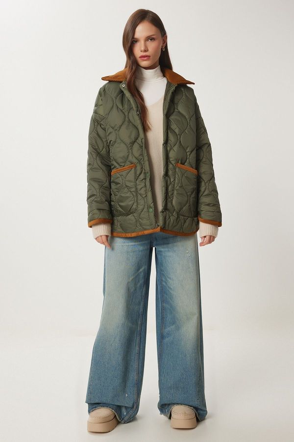 Happiness İstanbul Happiness İstanbul Women's Khaki Polo Neck Pocket Quilted Coat