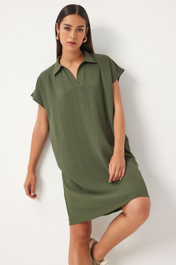 Happiness İstanbul Happiness İstanbul Women's Khaki Polo Neck Summer Loose Linen Ayrobin Dress