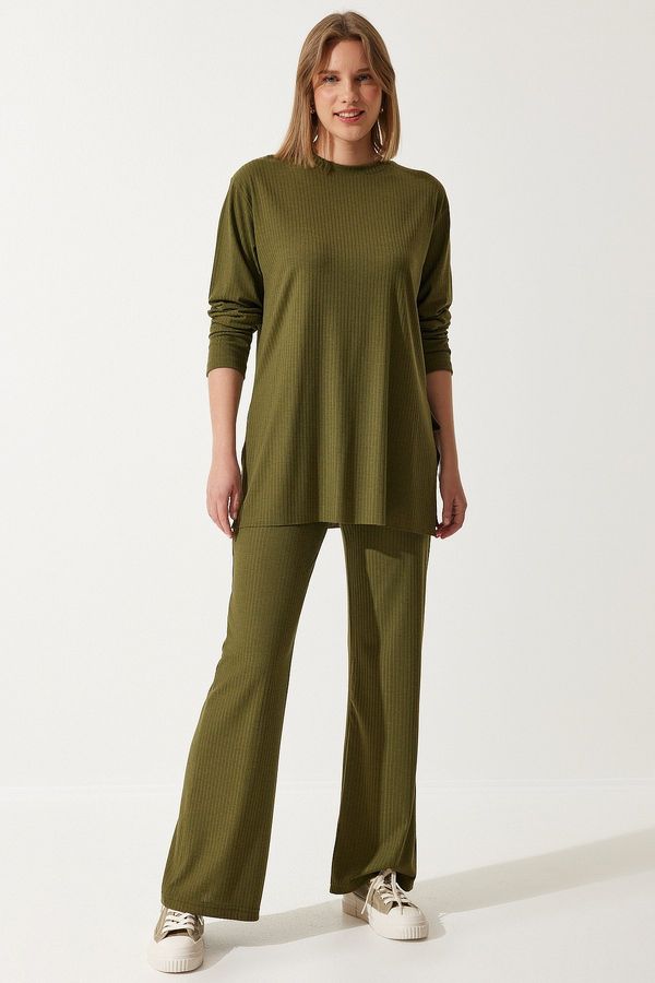 Happiness İstanbul Happiness İstanbul Women's Khaki Ribbed Knitted Blouse Pants Suit