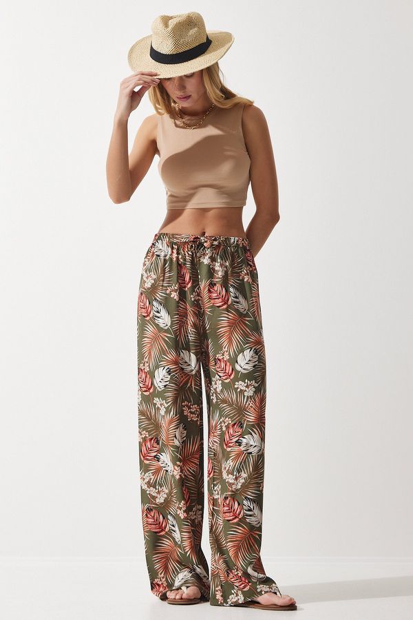 Happiness İstanbul Happiness İstanbul Women's Khaki Tile Patterned Flowing Viscose Palazzo Trousers