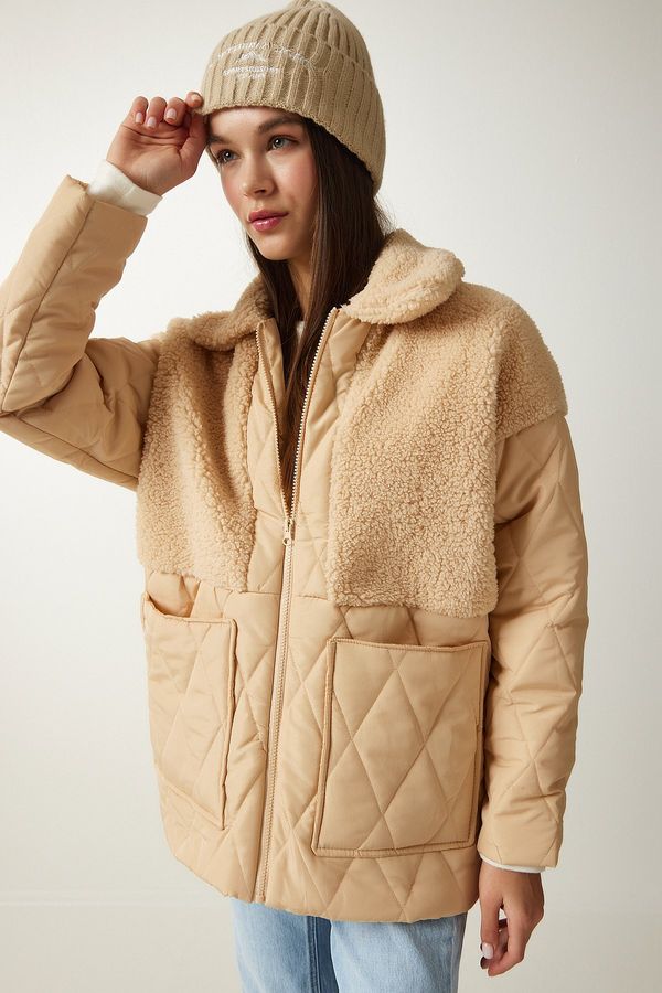 Happiness İstanbul Happiness İstanbul Women's Latte Plush Detailed Quilted Coat
