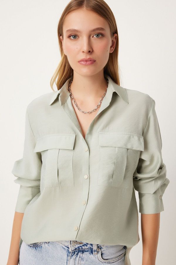 Happiness İstanbul Happiness İstanbul Women's Light Almond Green Wide Pocket Tencel Shirt