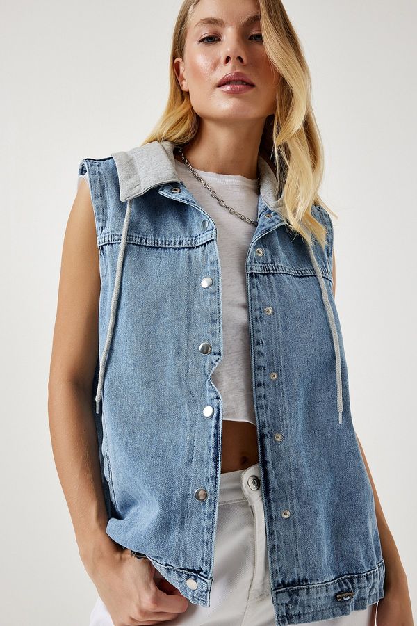 Happiness İstanbul Happiness İstanbul Women's Light Blue Hooded Boyfriend Denim Vest