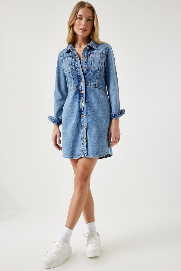 Happiness İstanbul Happiness İstanbul Women's Light Blue Pocket Mini Denim Dress