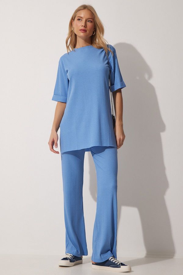Happiness İstanbul Happiness İstanbul Women's Light Blue Ribbed Flexible Knitted Bottom Top Set