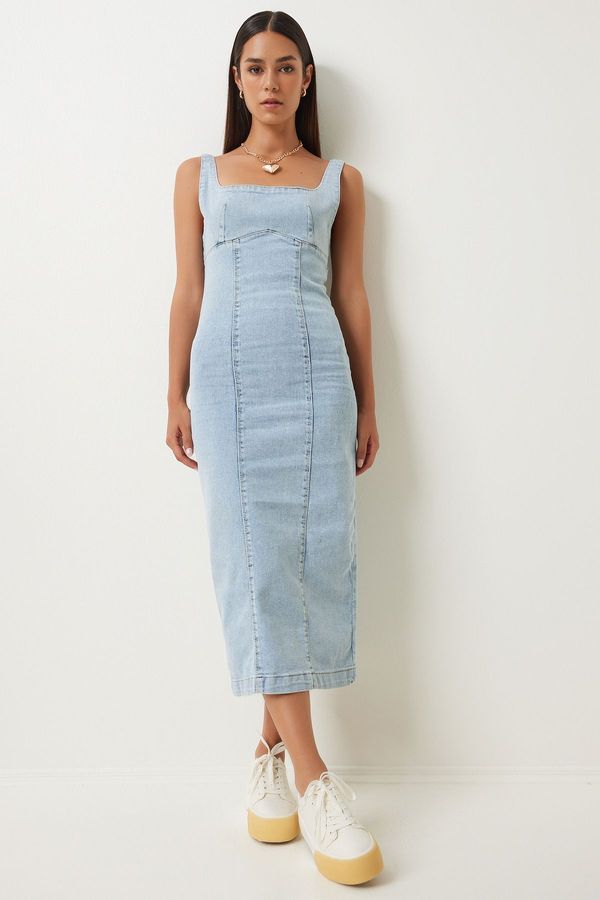 Happiness İstanbul Happiness İstanbul Women's Light Blue Zipper Strap Midi Denim Dress