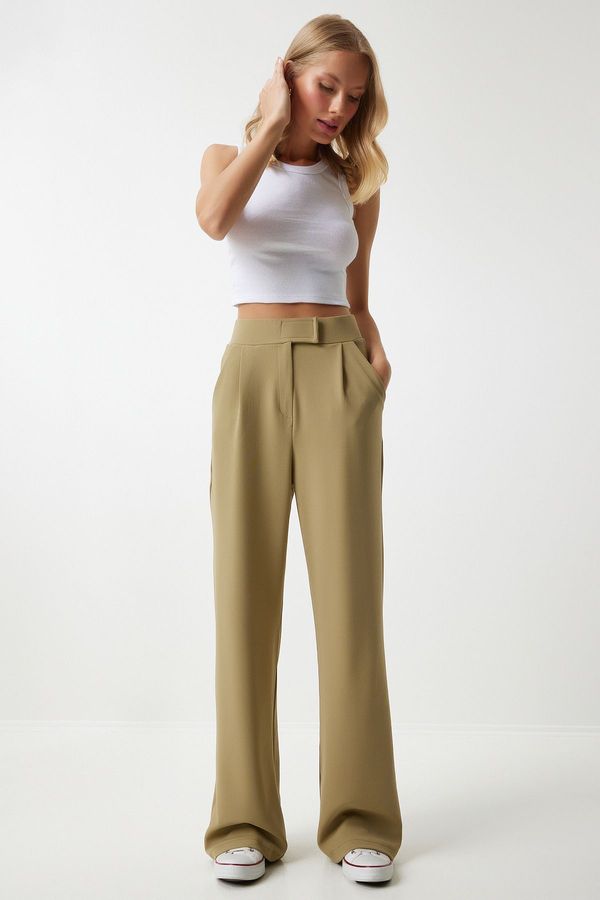 Happiness İstanbul Happiness İstanbul Women's Light Khaki Velcro Waist Comfortable Woven Trousers